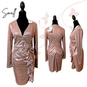 {Allyson} Shimmery Faux-Wrap Drape Bodycon Cocktail Dress in Champagne